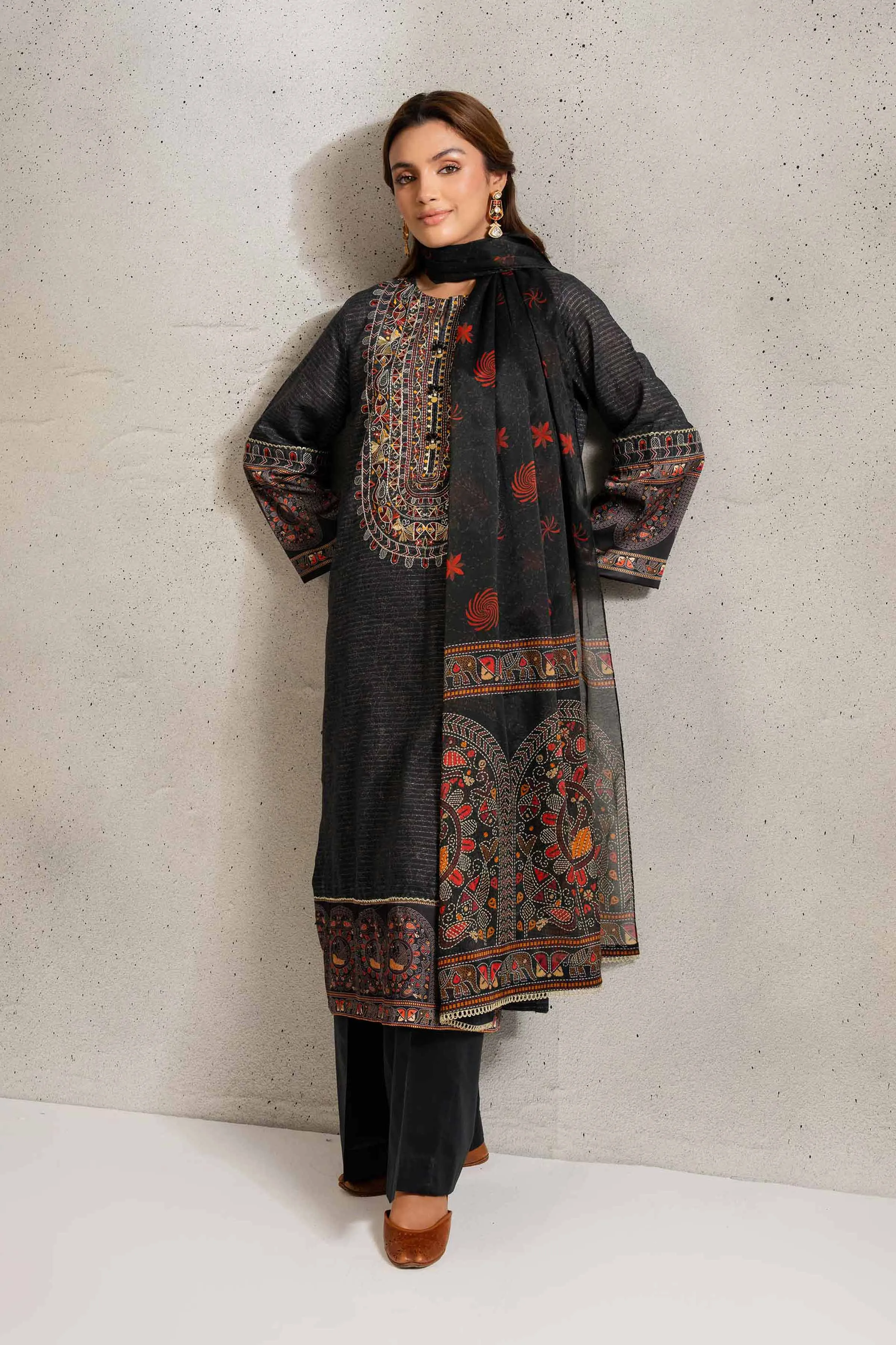 3 Piece - Printed Embroidered Suit - PE25-129