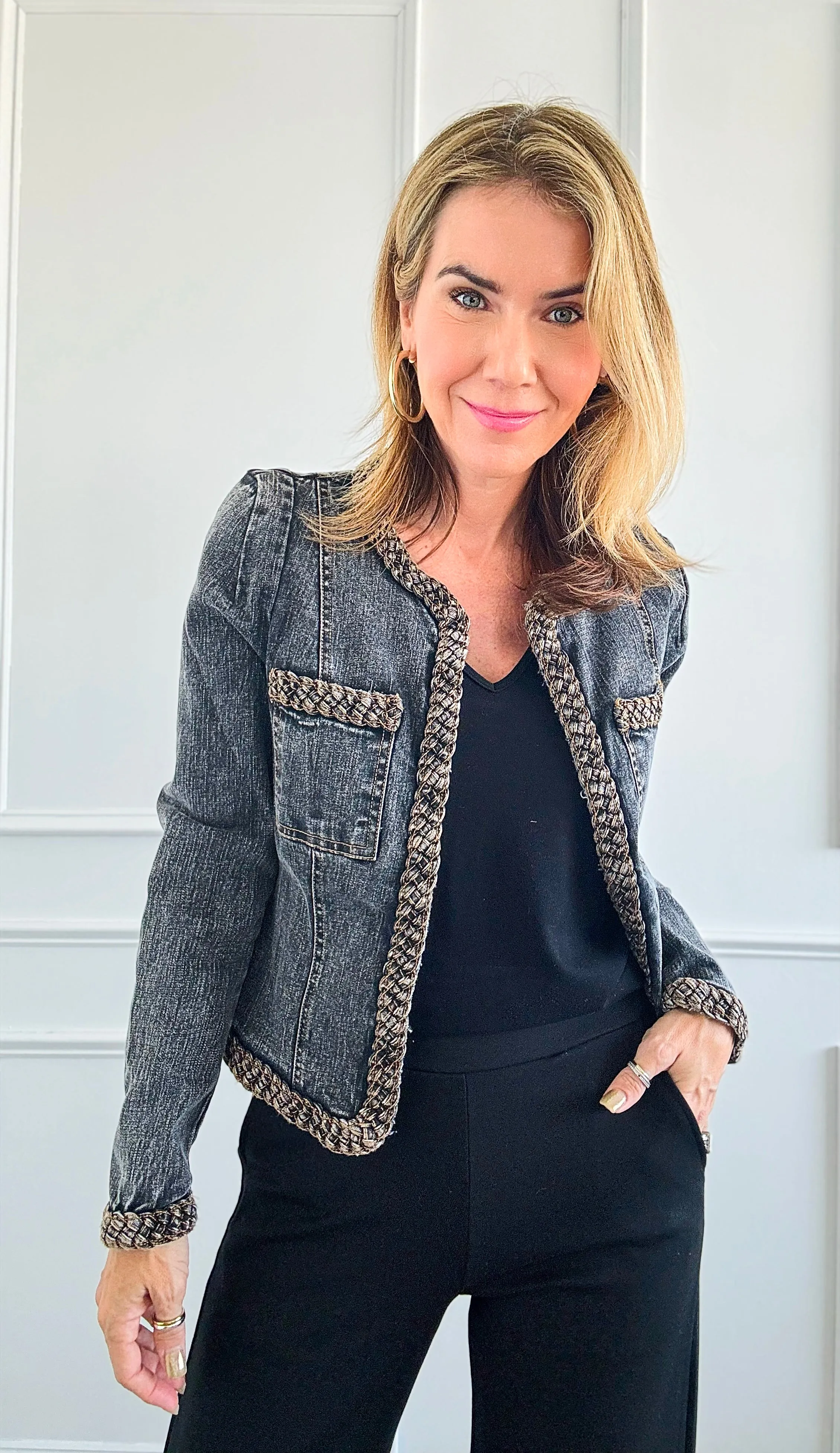 Beautifully Braided Denim Jacket - Black Denim
