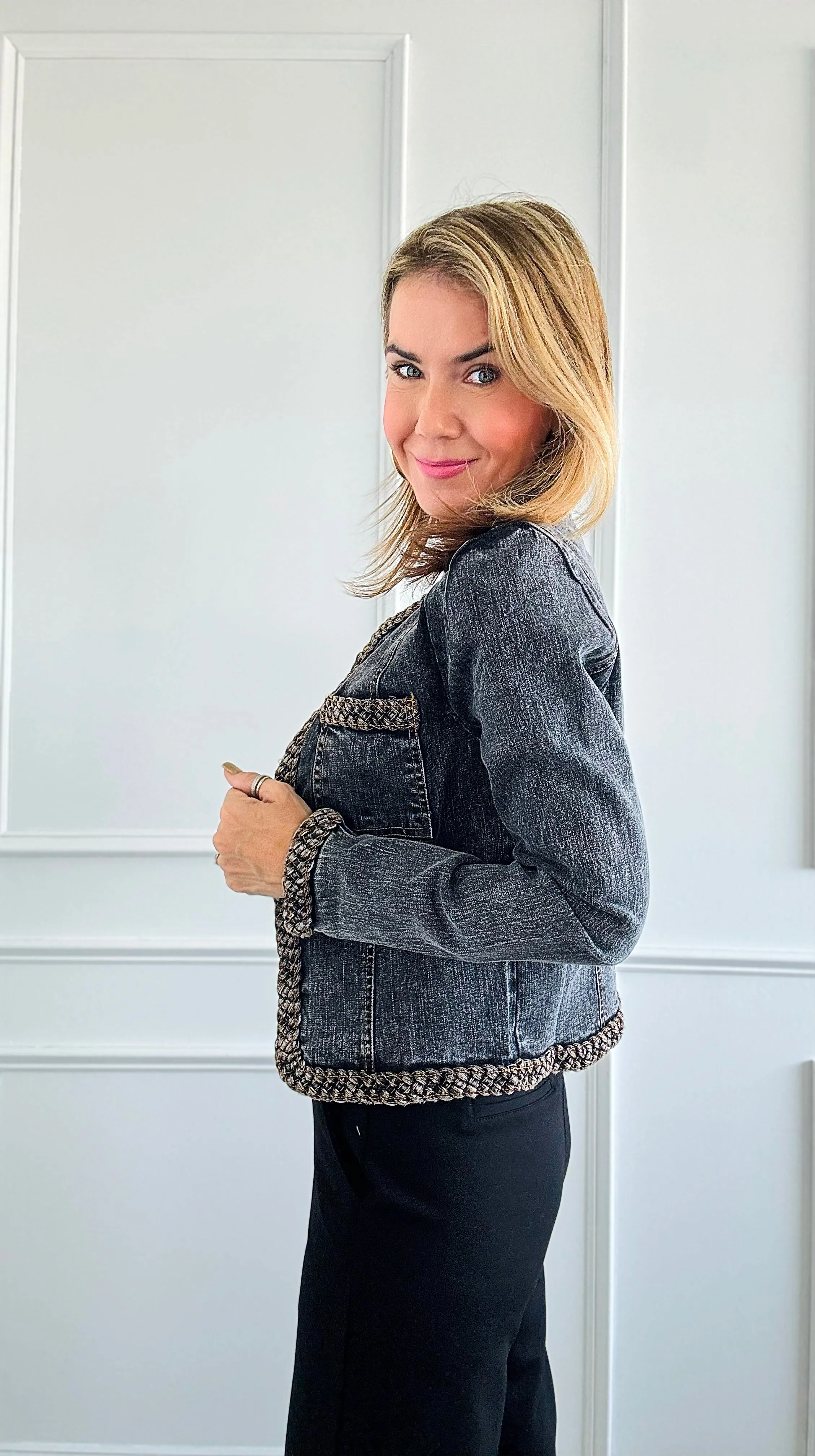 Beautifully Braided Denim Jacket - Black Denim