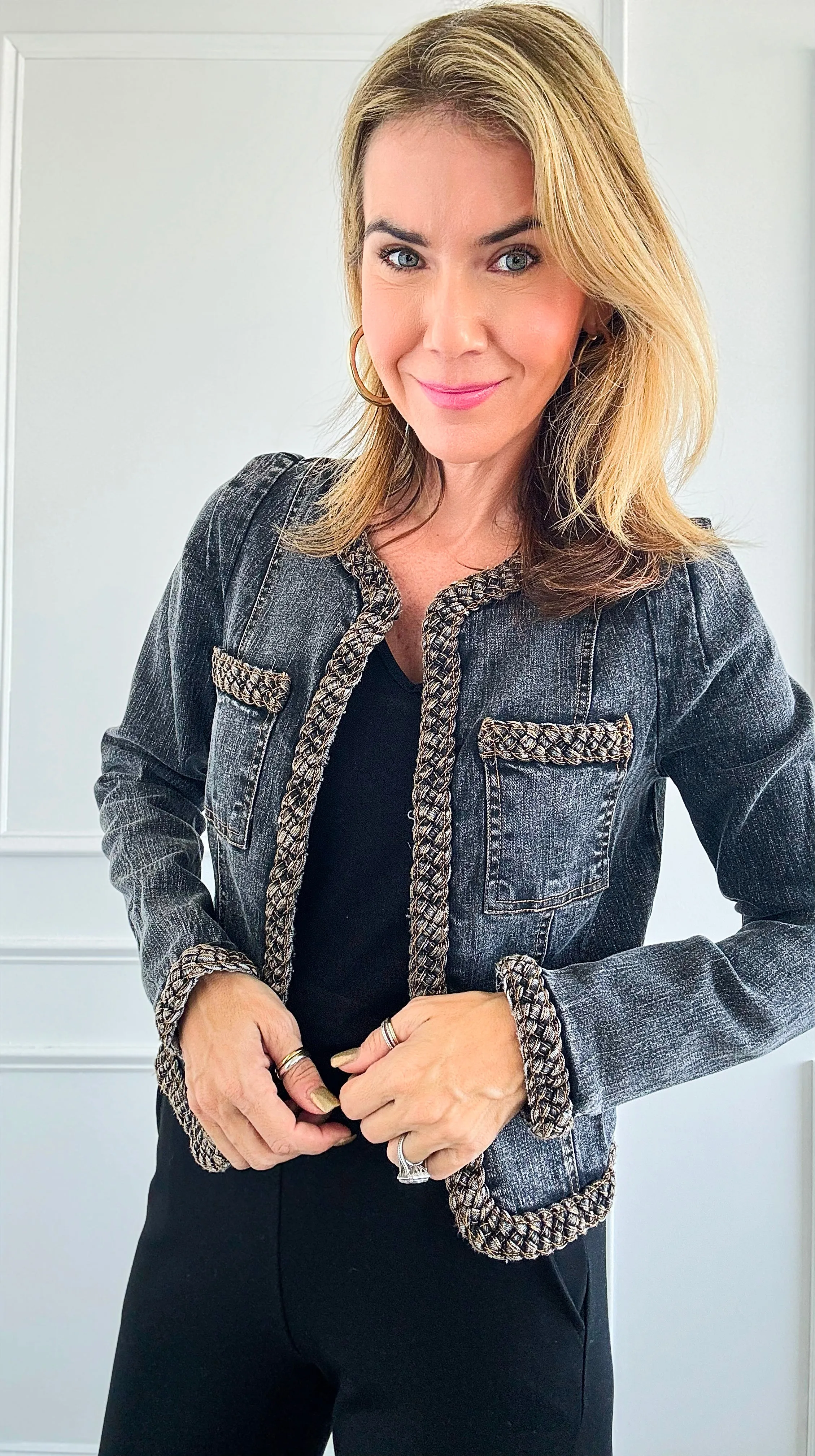 Beautifully Braided Denim Jacket - Black Denim