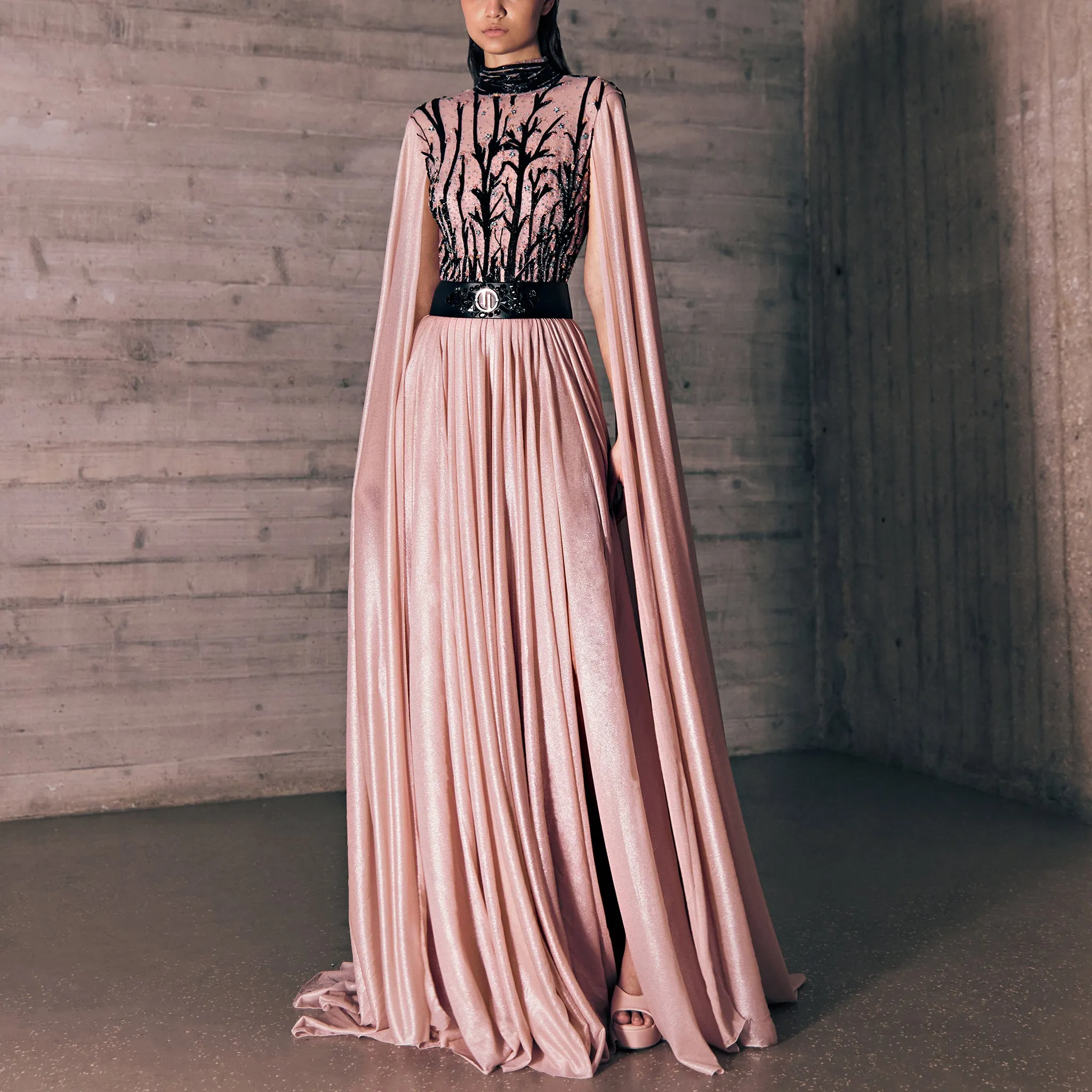 Blush Pink Jersey Dress With A Mysterious Vine Embroidered