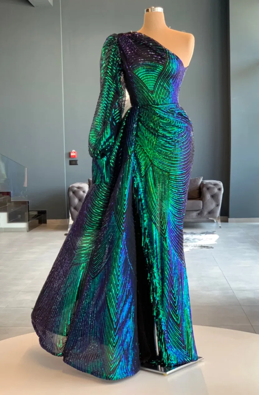 Catherine Green Sequin Long Sleeve One Shoulder Evening Dress