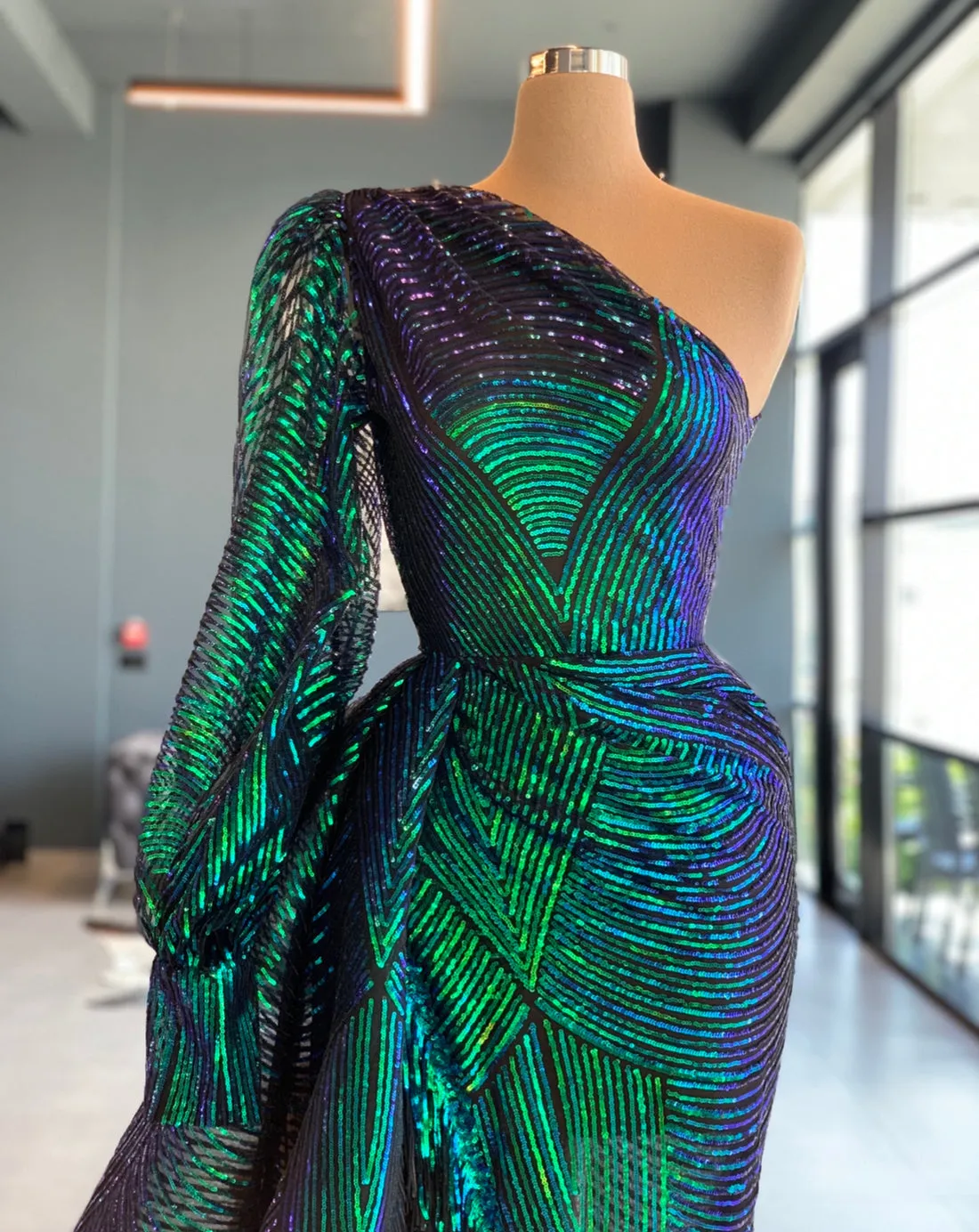 Catherine Green Sequin Long Sleeve One Shoulder Evening Dress