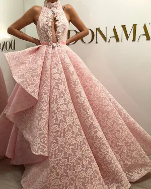 Cecilia Highh Neck Pink Evening Dress