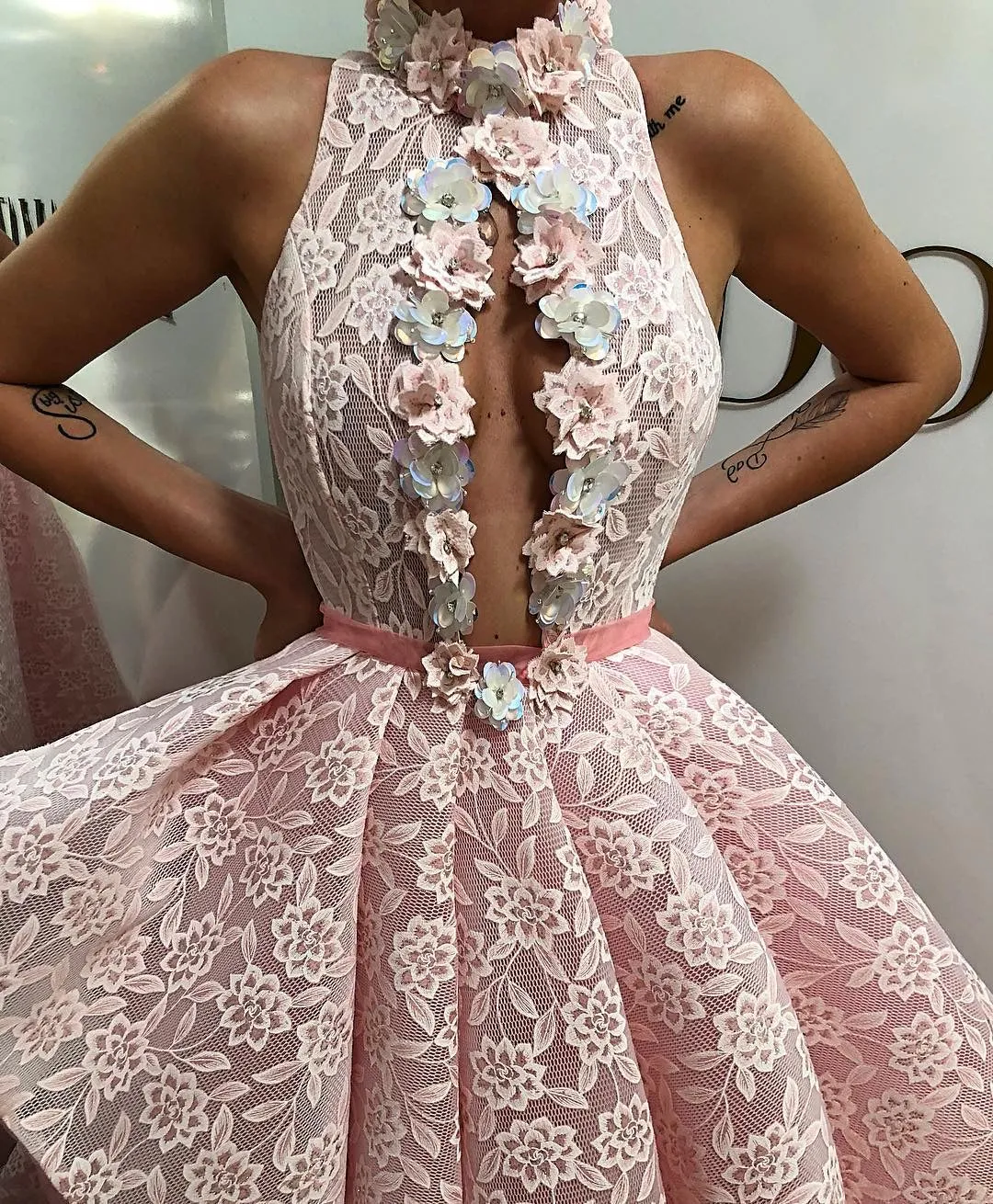 Cecilia Highh Neck Pink Evening Dress