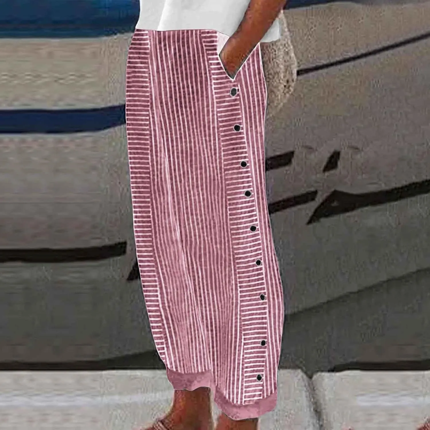 Cotton Linen Pants for Women Loose Fit Summer Baggy Elastic Waist Trouser Wide Leg Cargos Work Pants with Pocket