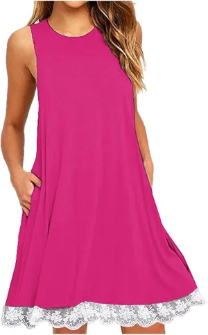 Cute Dresses for Women 2025 Summer Lace Hem Sleeveless Crew Neck Mini Dress Casual Short Beach Sundress with Pockets
