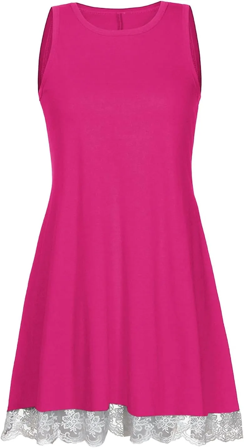 Cute Dresses for Women 2025 Summer Lace Hem Sleeveless Crew Neck Mini Dress Casual Short Beach Sundress with Pockets
