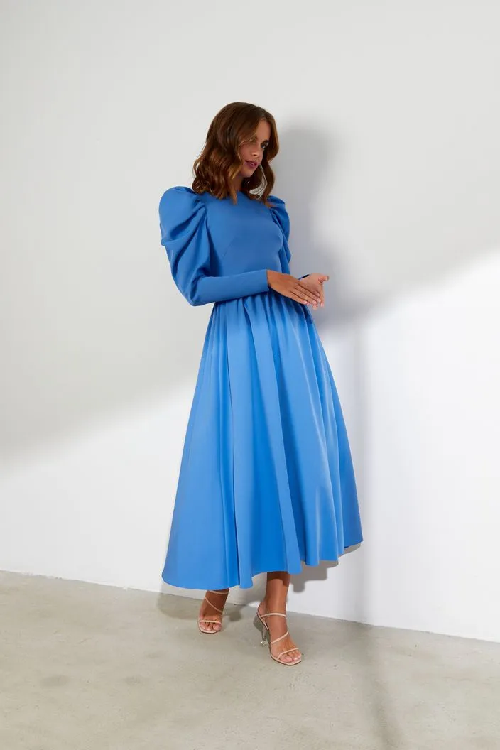 Ivory Elegant High Neck Long Sleeves Blue Evening Dress