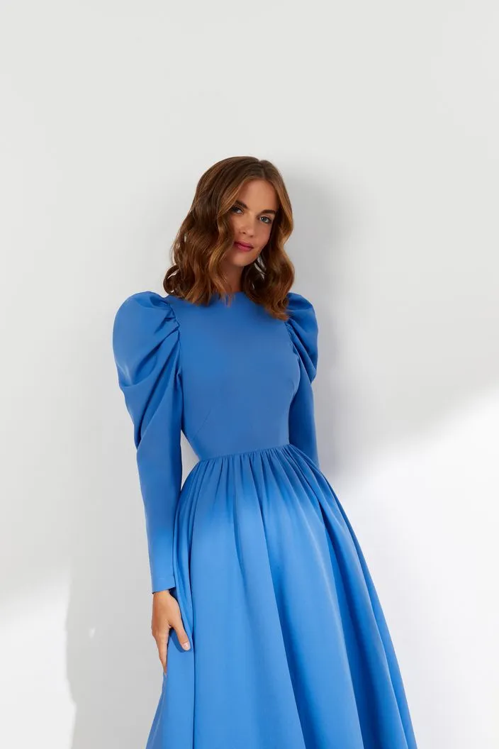 Ivory Elegant High Neck Long Sleeves Blue Evening Dress