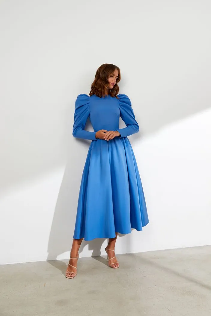 Ivory Elegant High Neck Long Sleeves Blue Evening Dress
