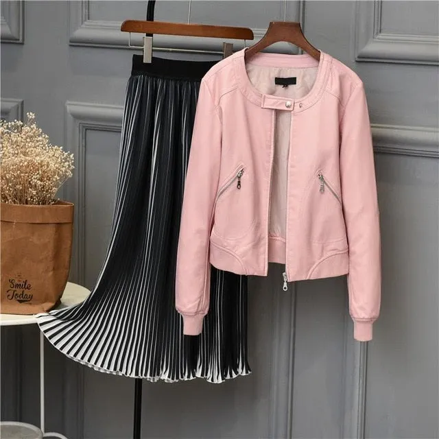 Leather Jackets 2019 Faux Leather Jacket Women O-neck Zipper Casual Jackets