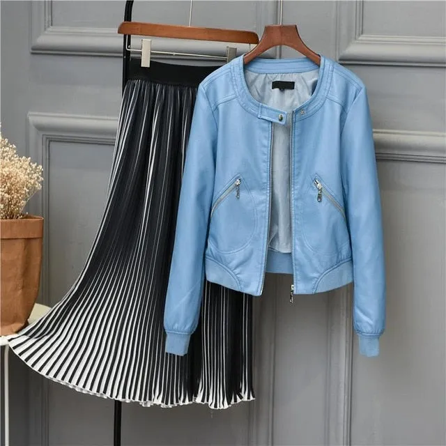 Leather Jackets 2019 Faux Leather Jacket Women O-neck Zipper Casual Jackets
