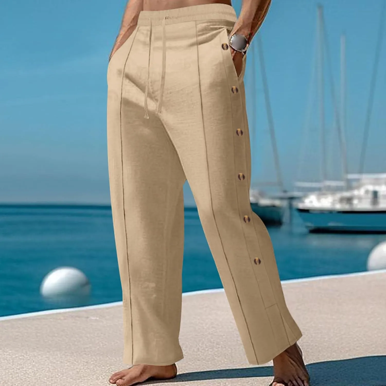 Mens Cotton Linen Trousers Button Elastic Waist Drawstring Casual Trendy Breathable Summer Beach Pants with Pockets