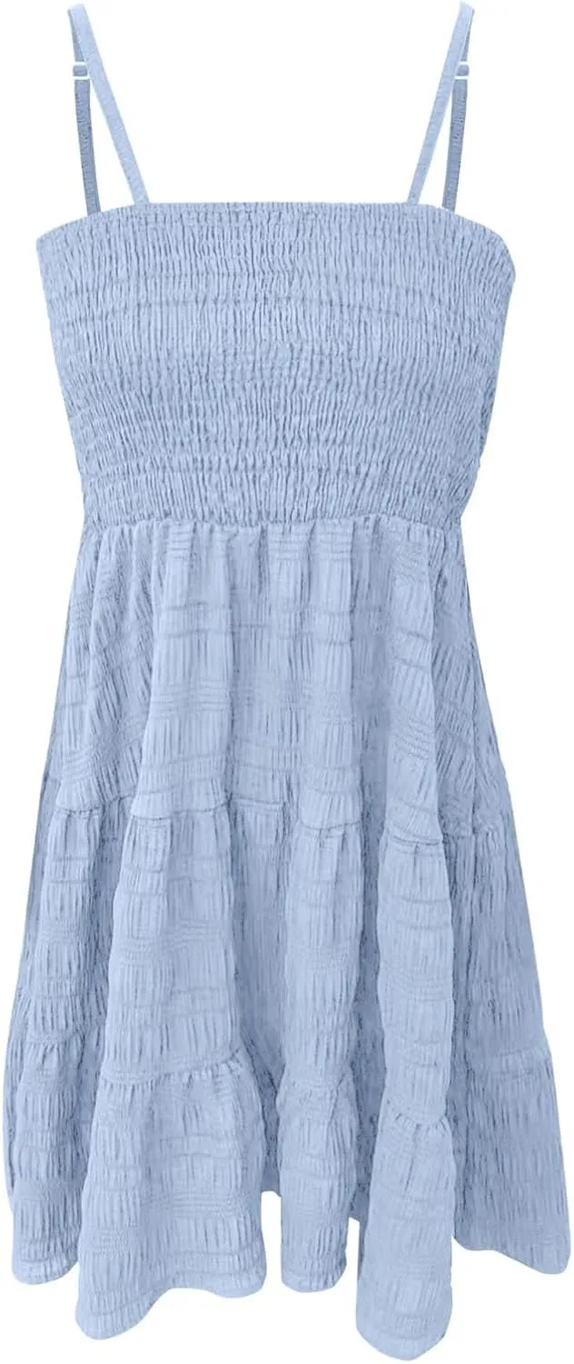 Mini Dresses for Women Smocked Square Neck Spaghetti Strap Skater Dress Summer Loose Comfy Tiered Ruffle Sundress
