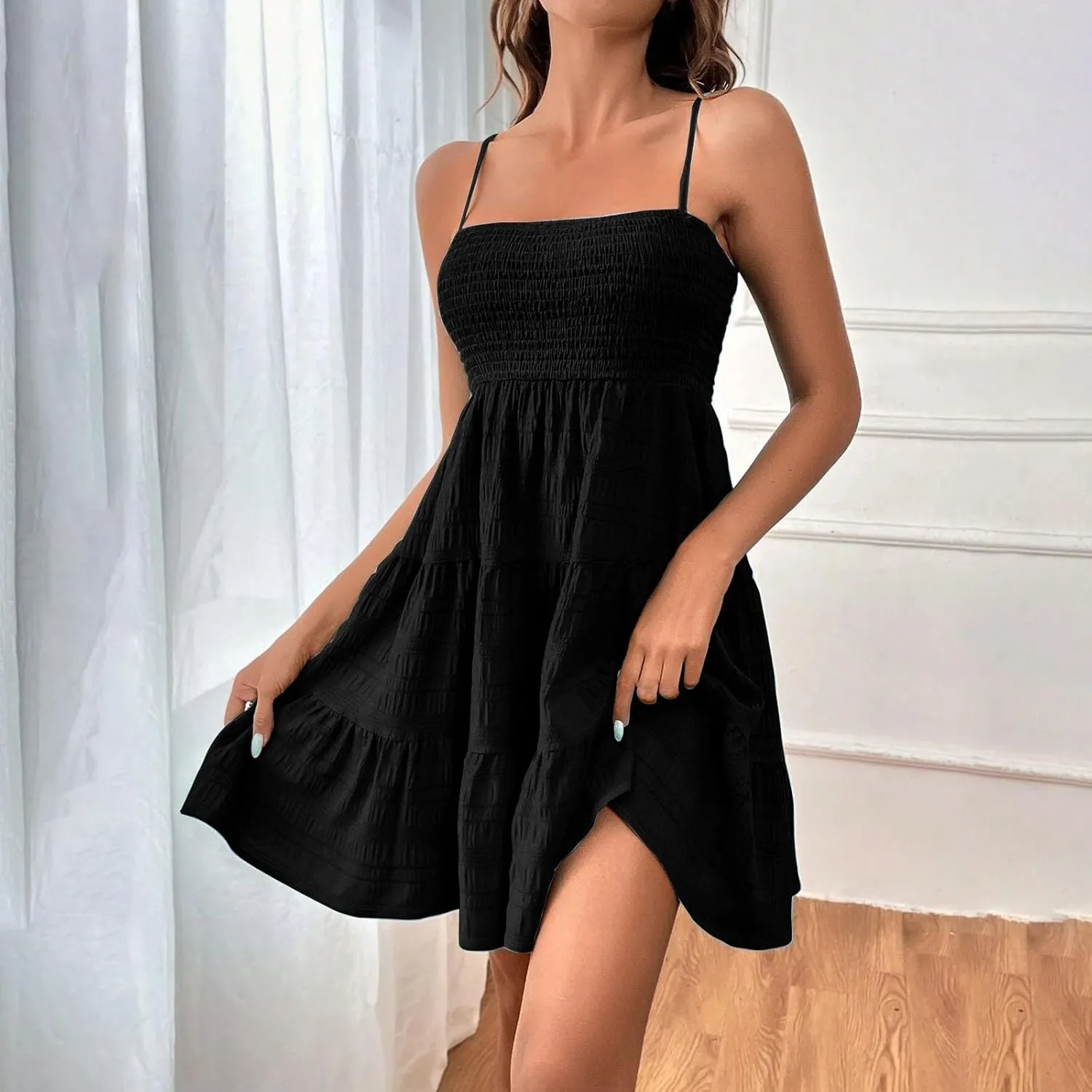 Mini Dresses for Women Smocked Square Neck Spaghetti Strap Skater Dress Summer Loose Comfy Tiered Ruffle Sundress