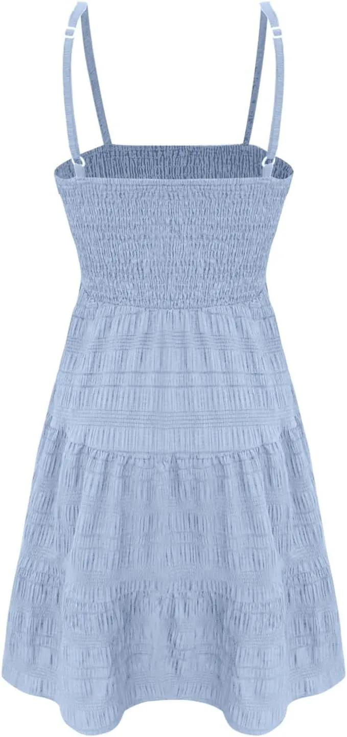 Mini Dresses for Women Smocked Square Neck Spaghetti Strap Skater Dress Summer Loose Comfy Tiered Ruffle Sundress
