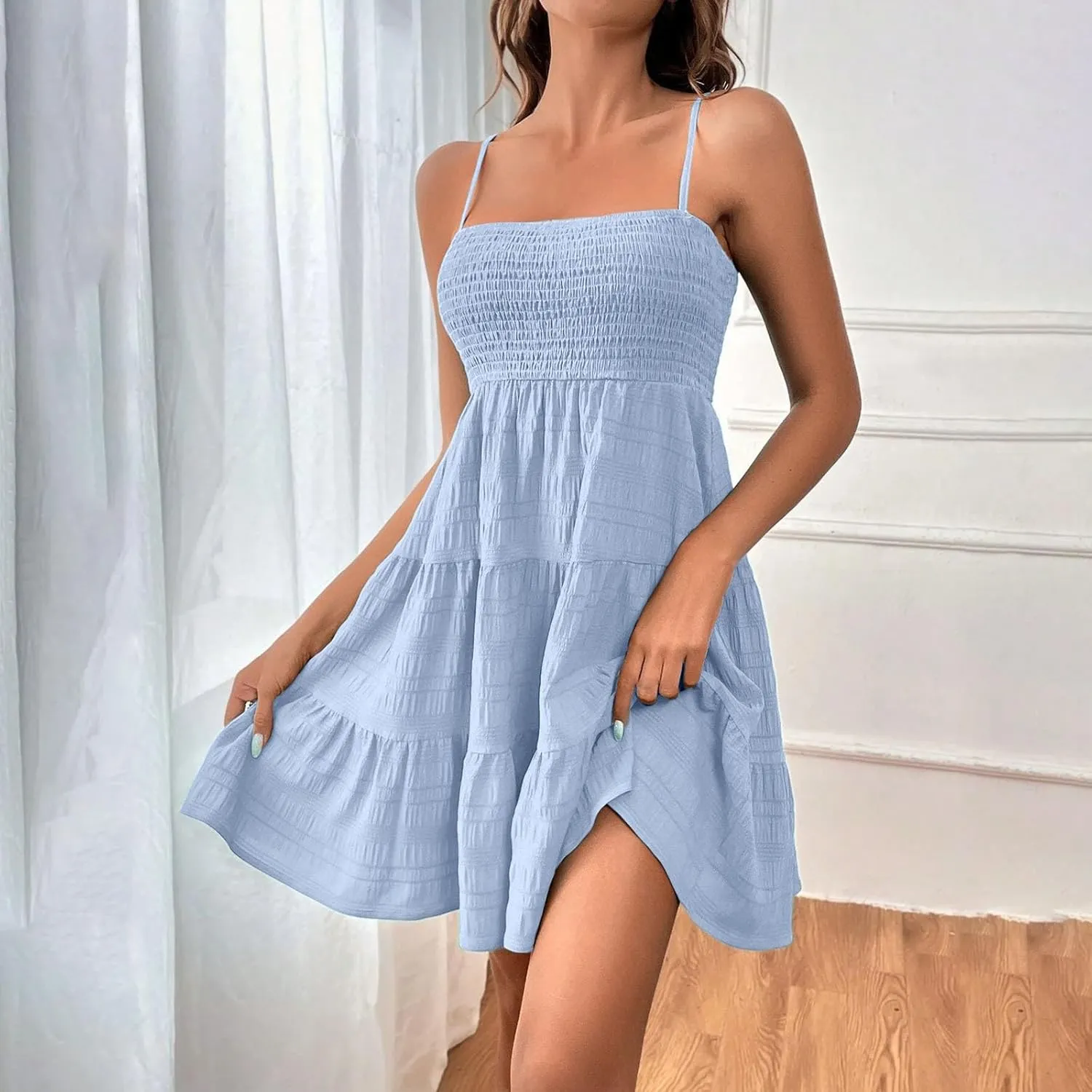 Mini Dresses for Women Smocked Square Neck Spaghetti Strap Skater Dress Summer Loose Comfy Tiered Ruffle Sundress