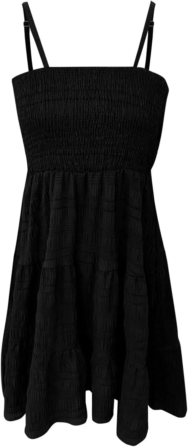 Mini Dresses for Women Smocked Square Neck Spaghetti Strap Skater Dress Summer Loose Comfy Tiered Ruffle Sundress