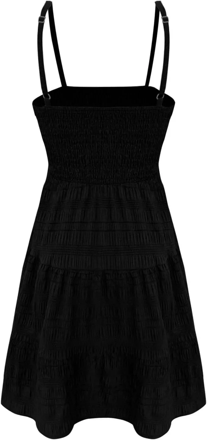 Mini Dresses for Women Smocked Square Neck Spaghetti Strap Skater Dress Summer Loose Comfy Tiered Ruffle Sundress