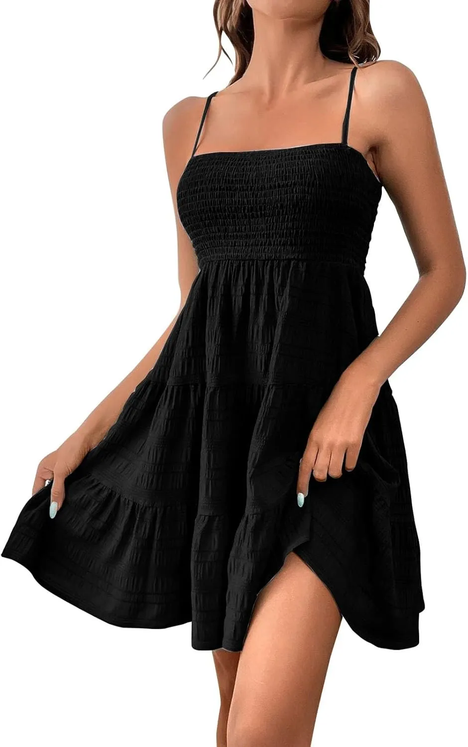 Mini Dresses for Women Smocked Square Neck Spaghetti Strap Skater Dress Summer Loose Comfy Tiered Ruffle Sundress