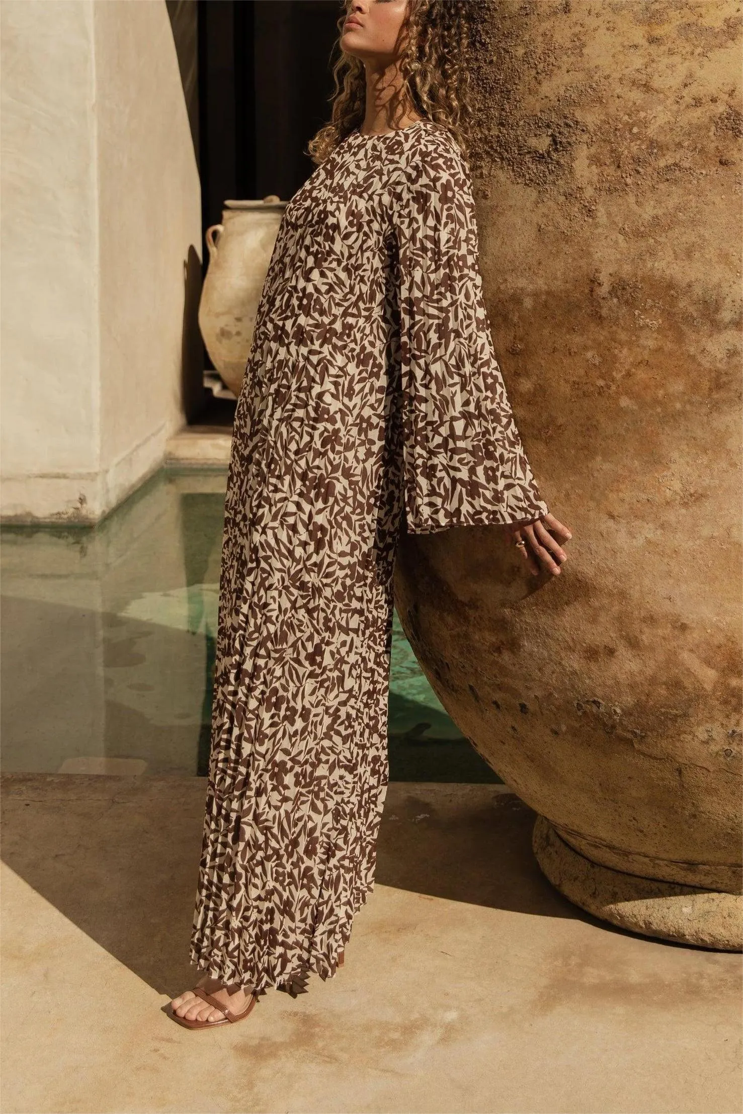 Pleated Printed Shift Maxi Dress -Brown