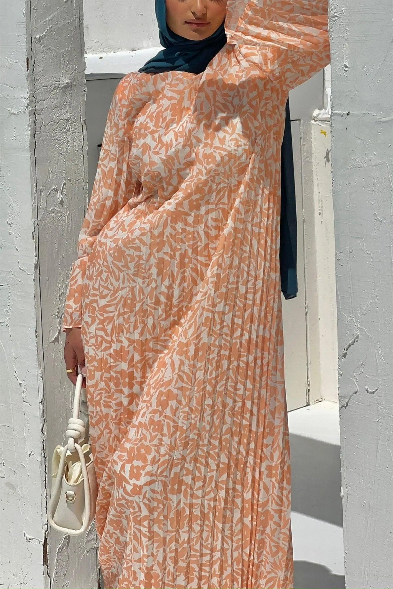 Pleated Printed Shift Maxi Dress -Brown