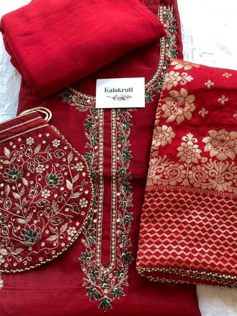 Red Party Wear Dress Material with matching Potli