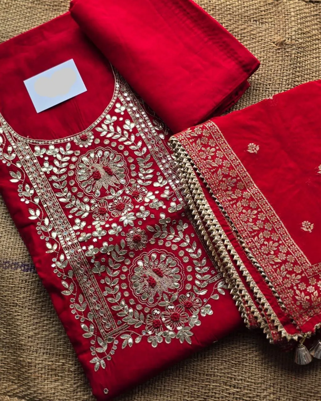 Red Party Wear Handwork Dress Material