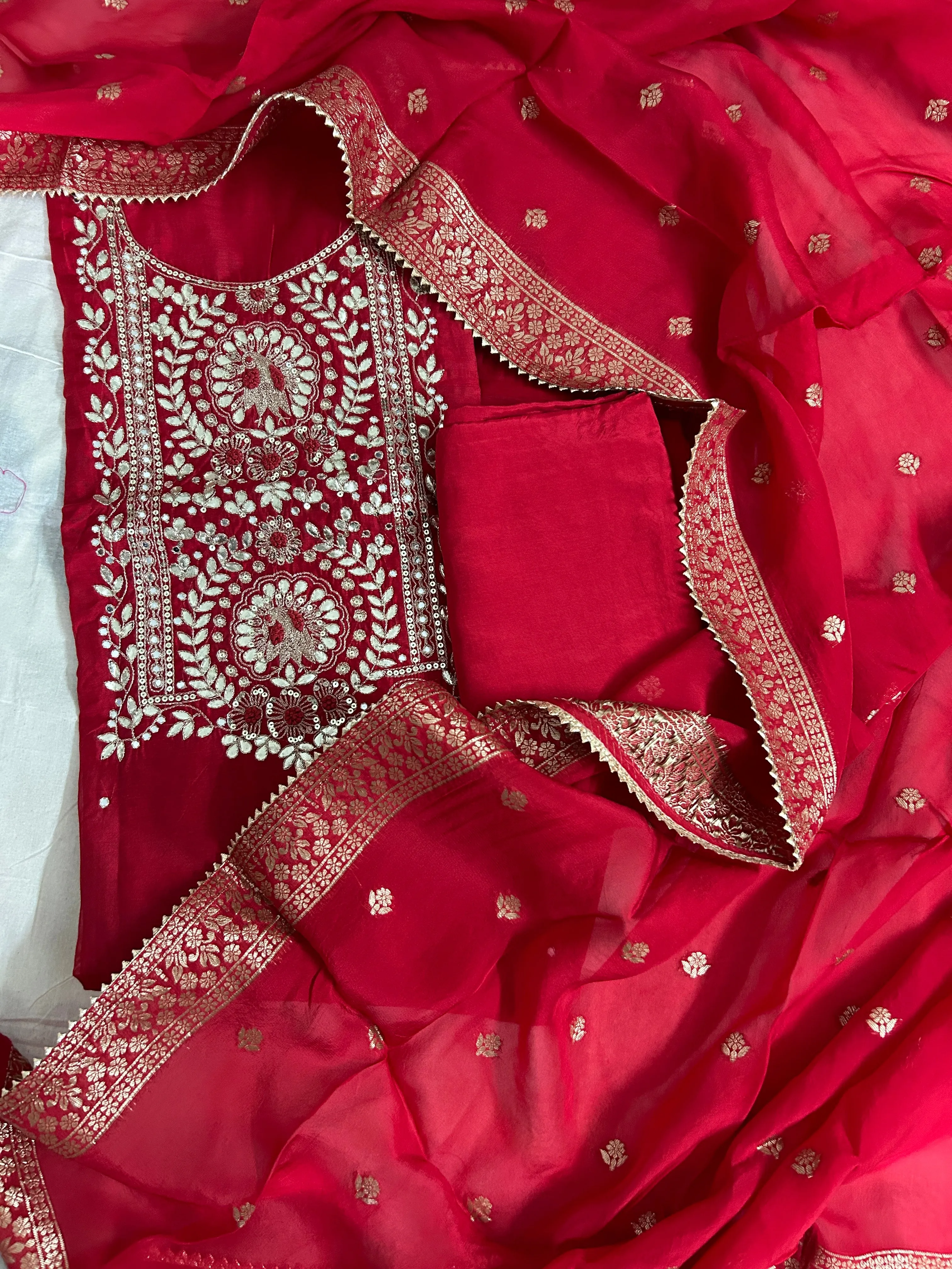 Red Party Wear Handwork Dress Material