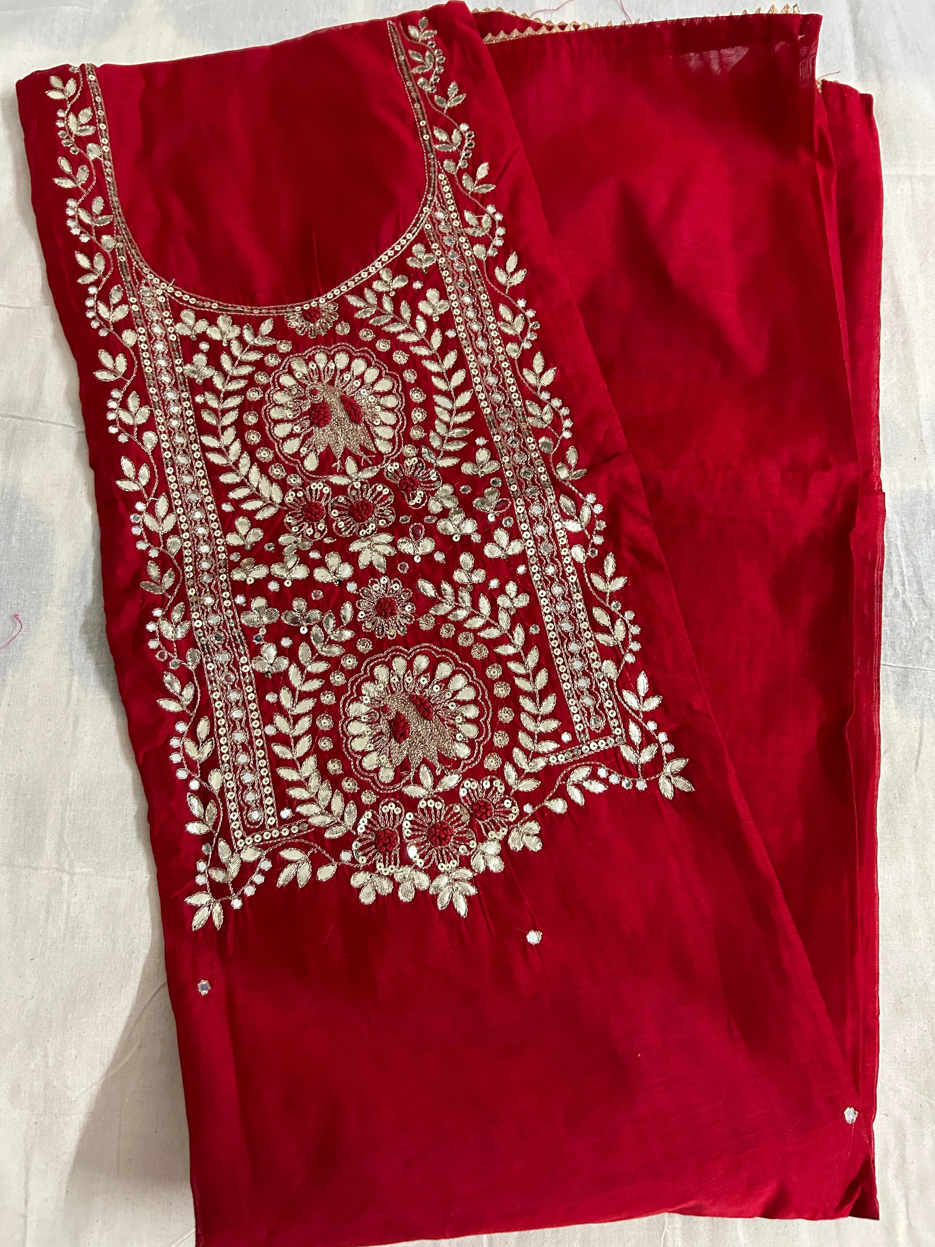 Red Party Wear Handwork Dress Material