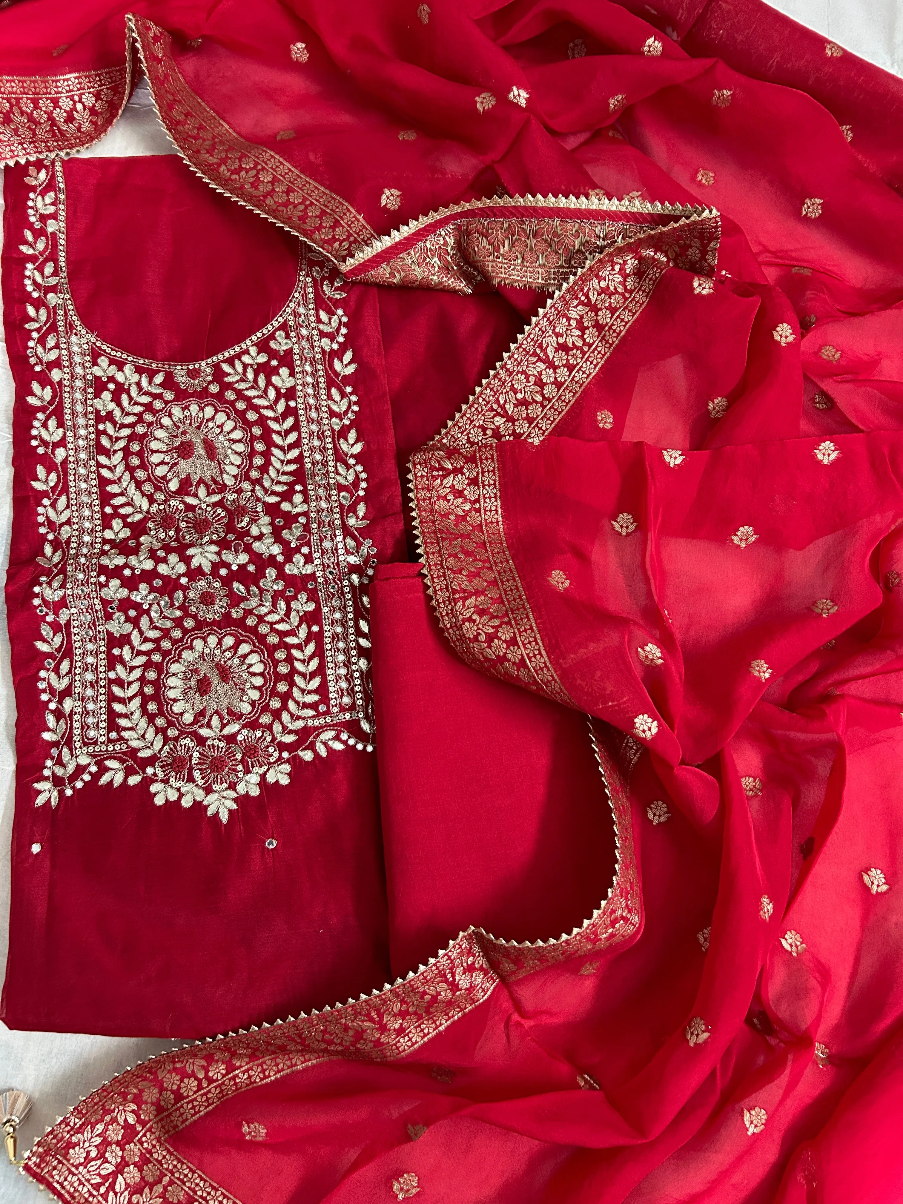 Red Party Wear Handwork Dress Material