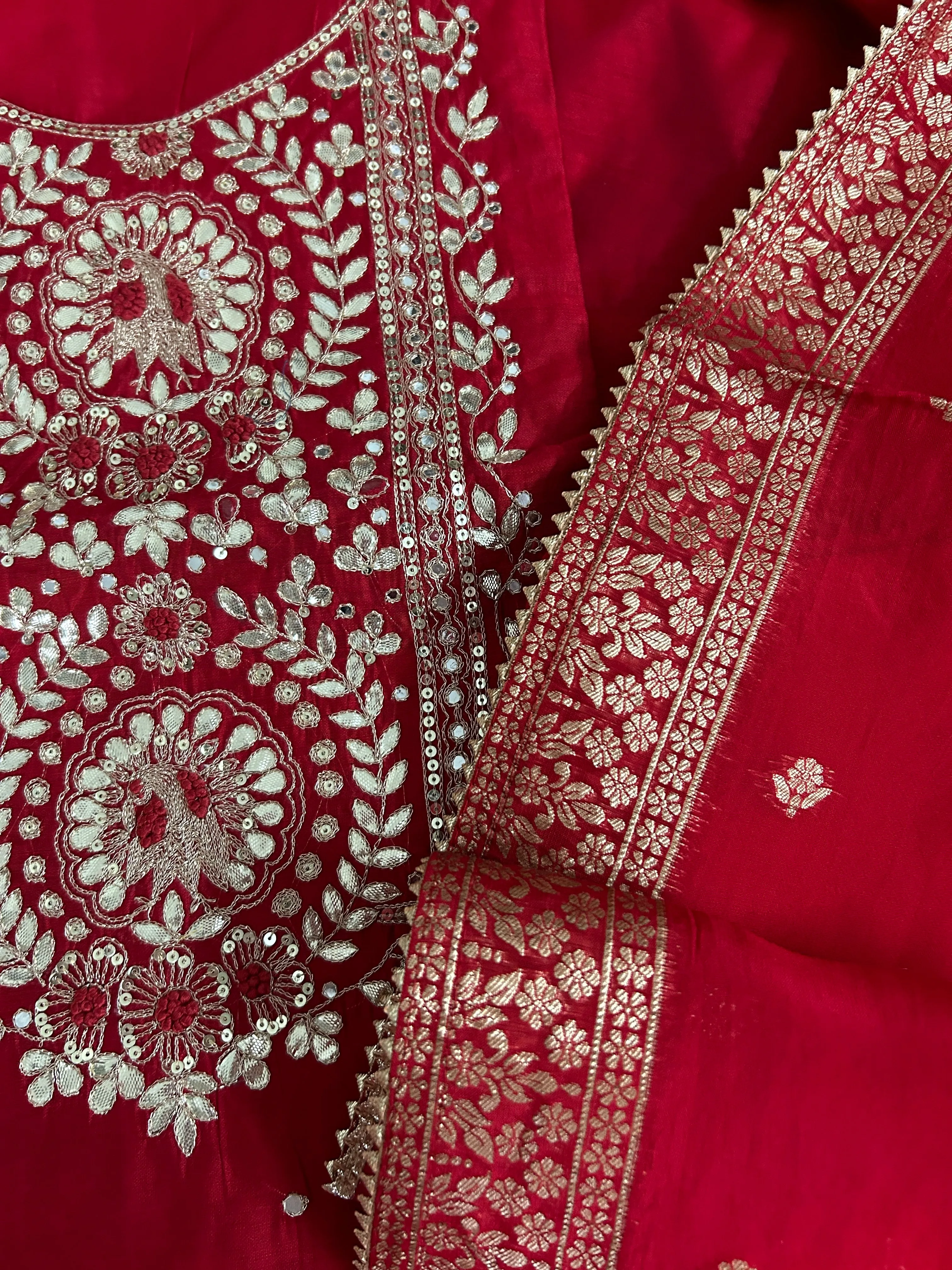 Red Party Wear Handwork Dress Material