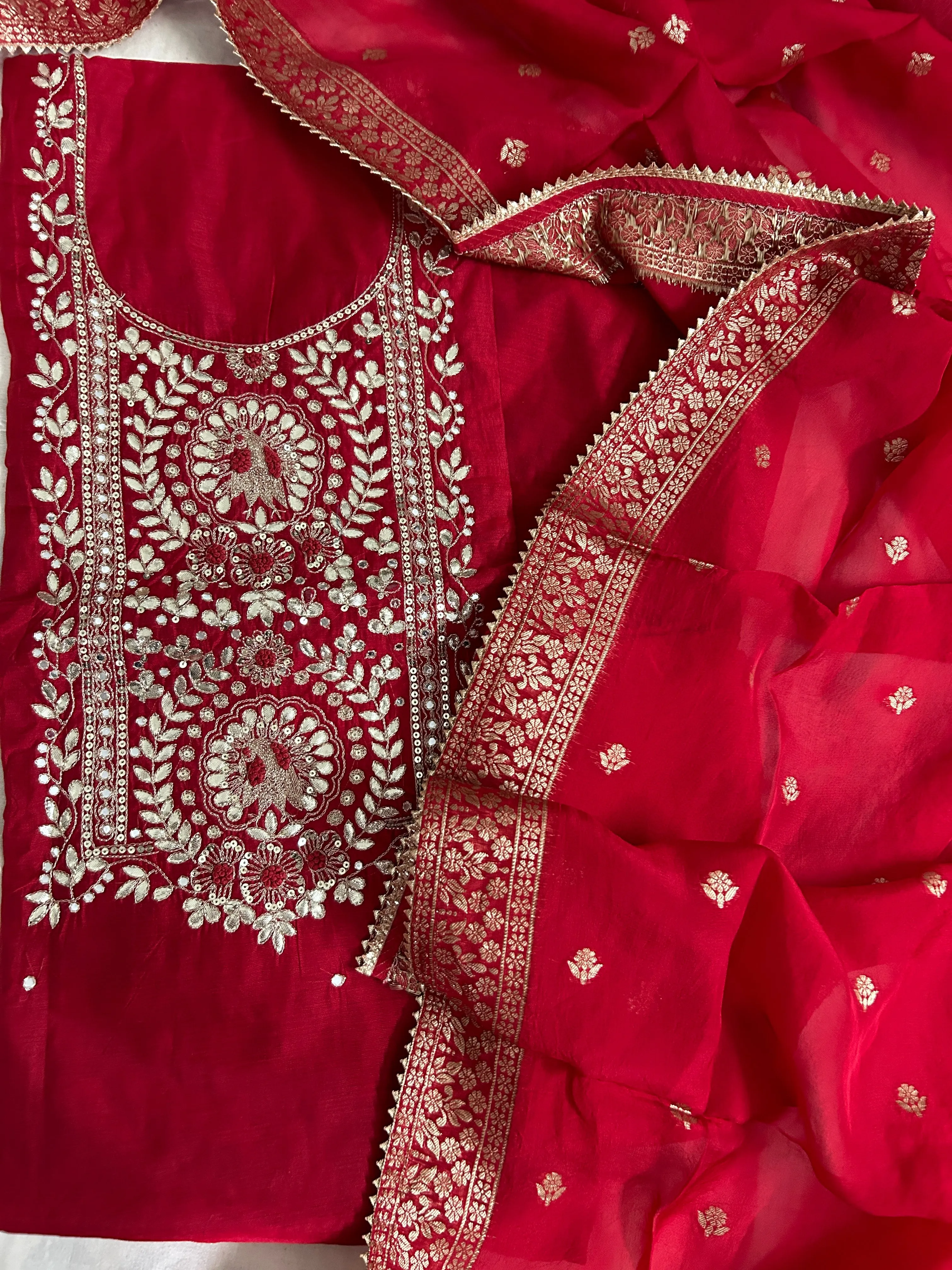 Red Party Wear Handwork Dress Material