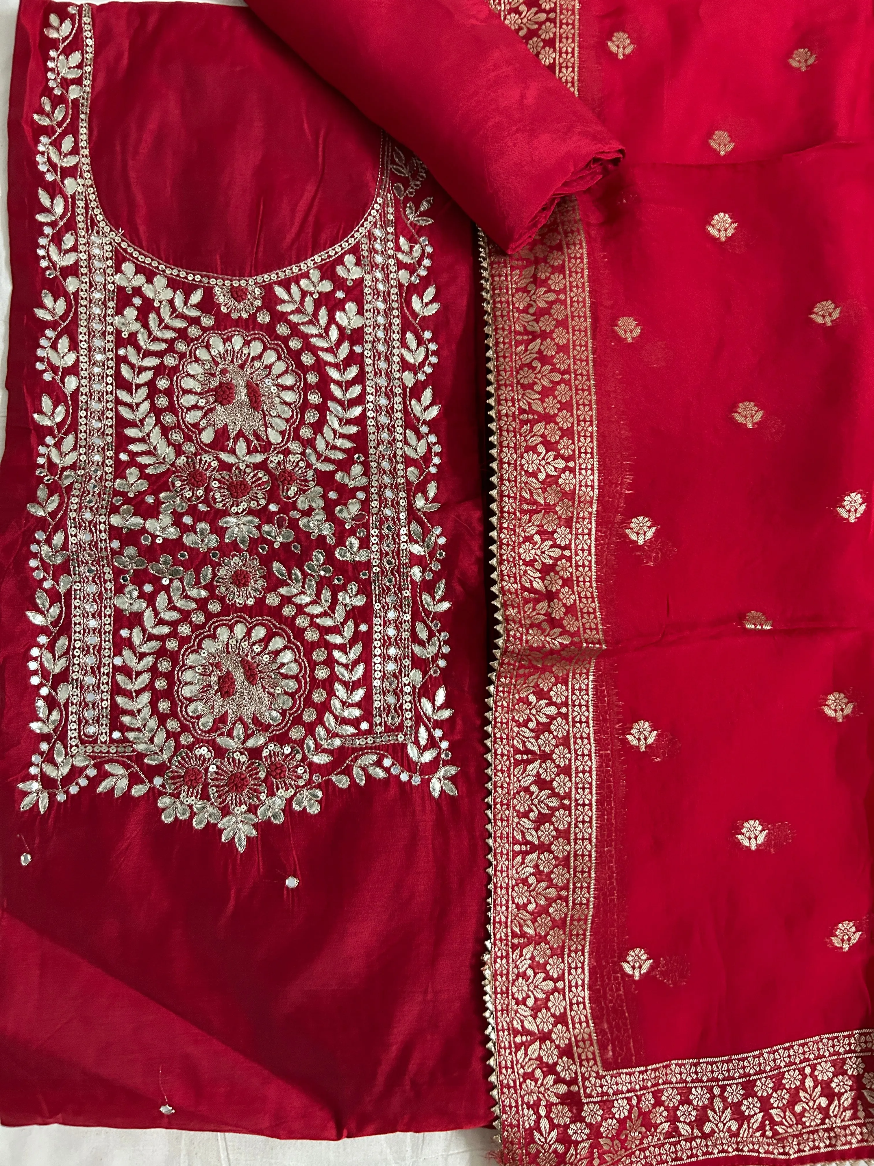 Red Party Wear Handwork Dress Material