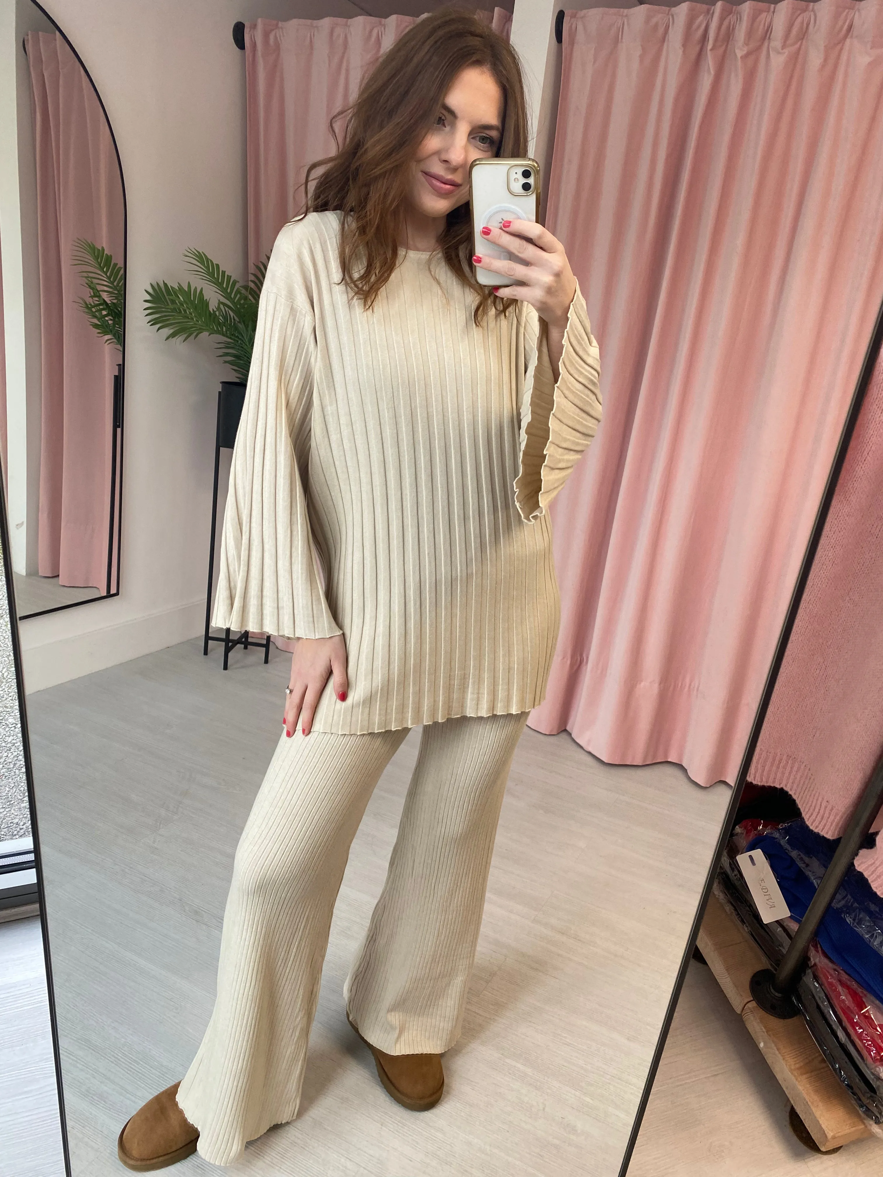 Ribbed Knit Lounge Set - Cream