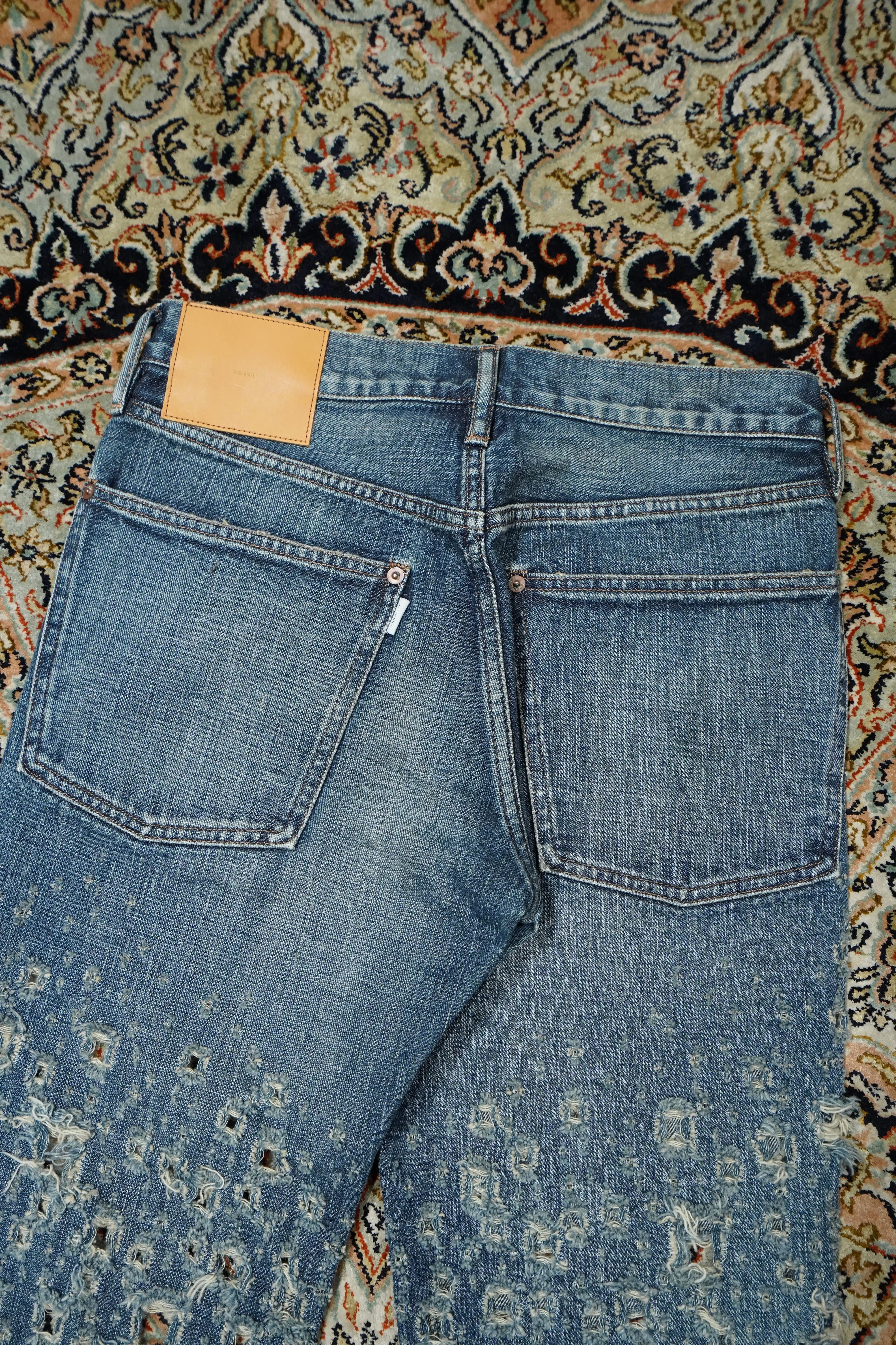 SUGARHILL CRASHED MODERN DENIM FLARED TROUSERS (FADED INDIGO)