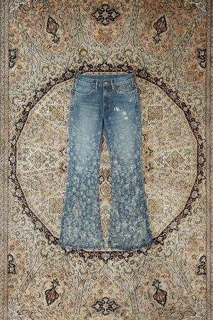 SUGARHILL CRASHED MODERN DENIM FLARED TROUSERS (FADED INDIGO)