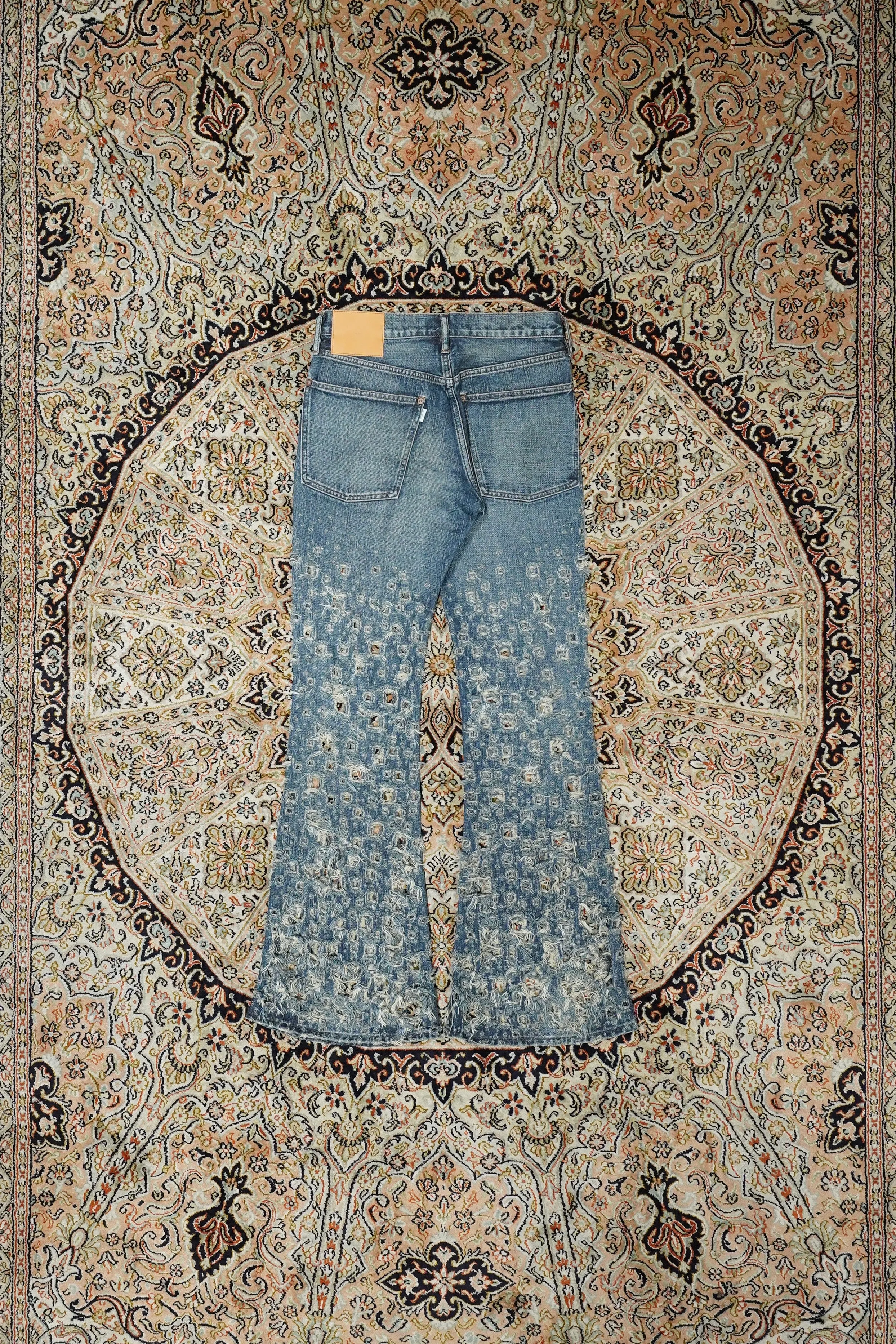 SUGARHILL CRASHED MODERN DENIM FLARED TROUSERS (FADED INDIGO)