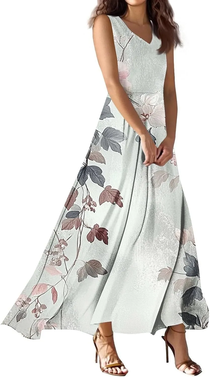 Summer Dresses for Women 2025 Maxi Floral Chiffon Dresses V Neck Sleeveless Tank Dress Flowy Sundresses for Vacation