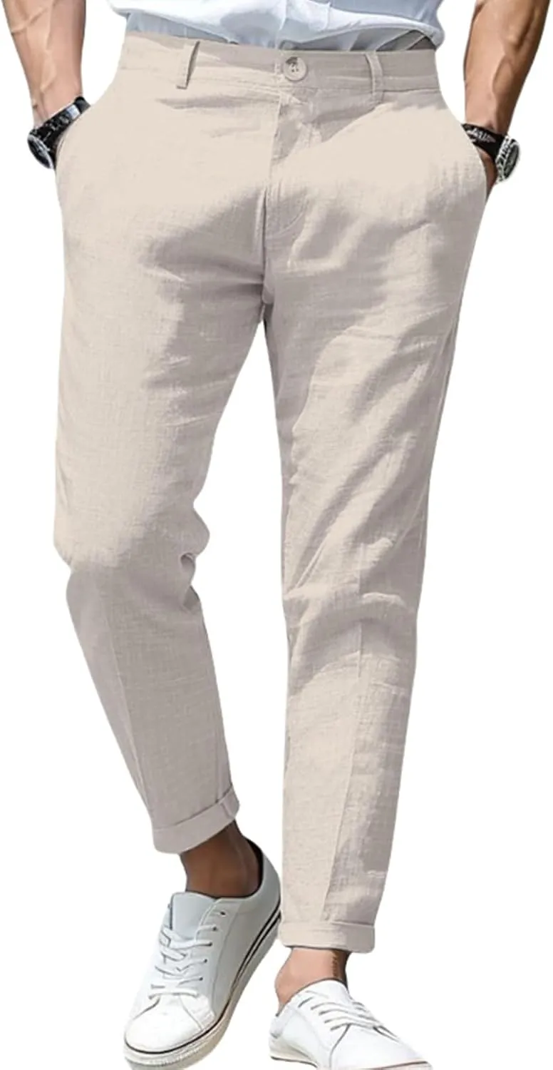 Thatrich Mens Suit Pants Slim Fit Straight Leg Business Casual Pant Cotton Linen Breathable Trousers Comfy Work Formal Wear