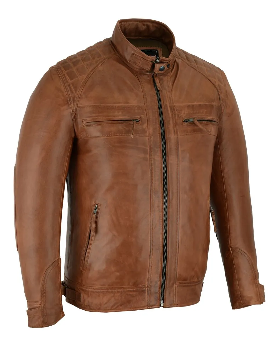 Vance Leather Men's Cafe Racer Waxed Lambskin Austin Brown Motorcycle Leather Jacket