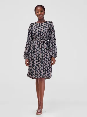 Vivo Zawadi Shift Dress - Taupe / Black Zawi Print