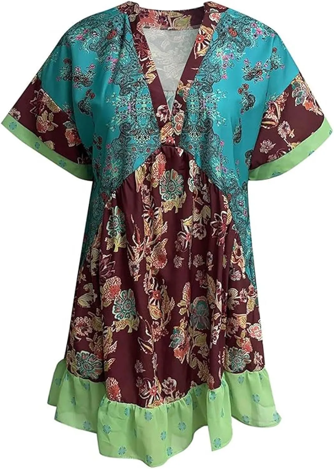 Womens Boho Mini Dress Loose Vintage Dresses Short Sleeve Deep V Neck Ruffle Sundress Summer Casual Beach Clothes
