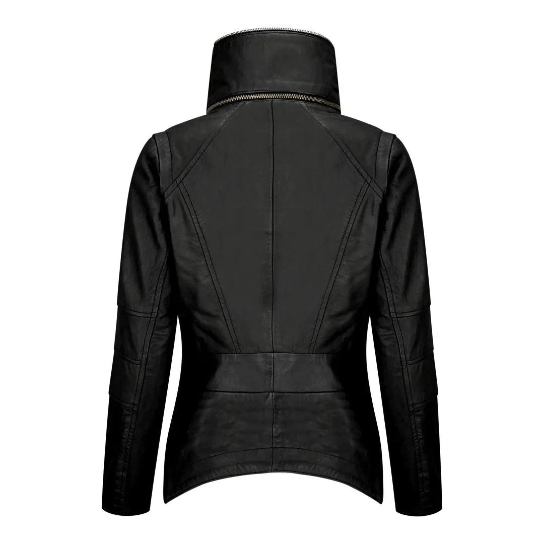 Womens Ladies Girls Soft Black Real Leather Racing Biker Style Jacket