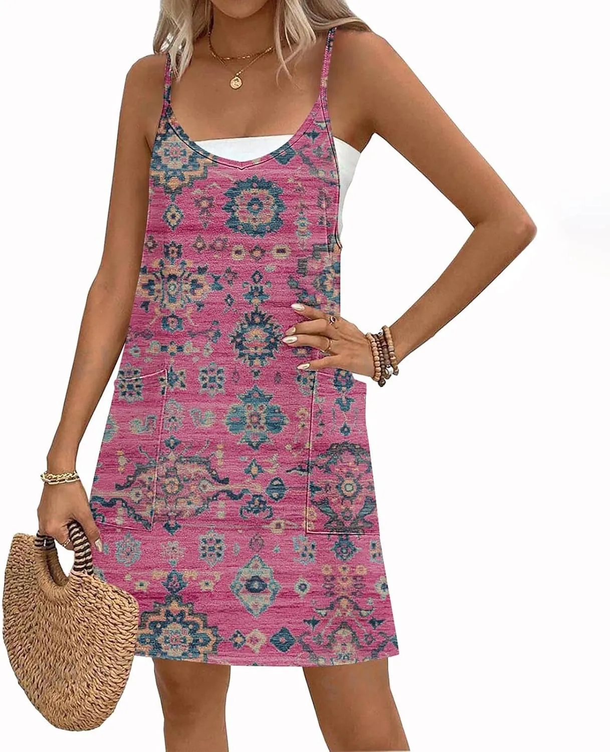 Womens Summer Dress Fashion Boho Sundress Casual Spaghetti Strap Floral Print Beach Vacation Short Dress
